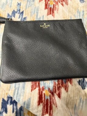 kate spade Black Pebbled Leather Toiletry Pouch with Gold Logo